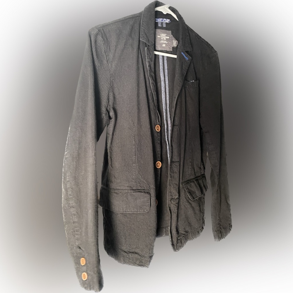 L.O.G.G. Faintly pinstriped, light black denim stretchy blazer type jacket. CUTE